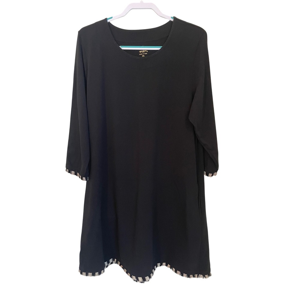 Spartina 449 Womens Size XXL Island Fringe Shift Dress Black 3/4 Sleeve Pockets